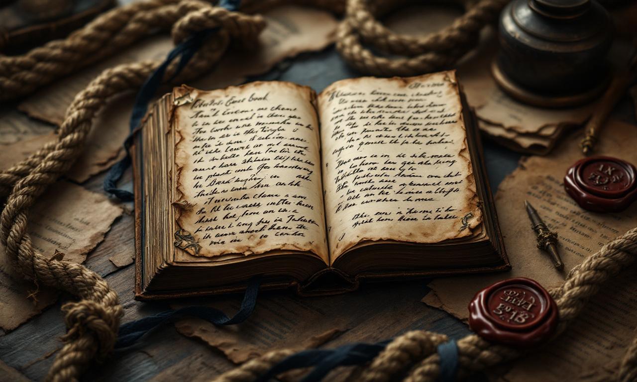 hyperrealistic photograph of a 19th century handwritten spellbook open to a page with court case annotations, surrounded by knotted nauzy ropes and wax seals with official impressions, museum lighting, tactile texture of aged parchment, intricate details of ink strokes, professional studio shot, 8K resolution, dramatic shadows, cultural artifact preservation style