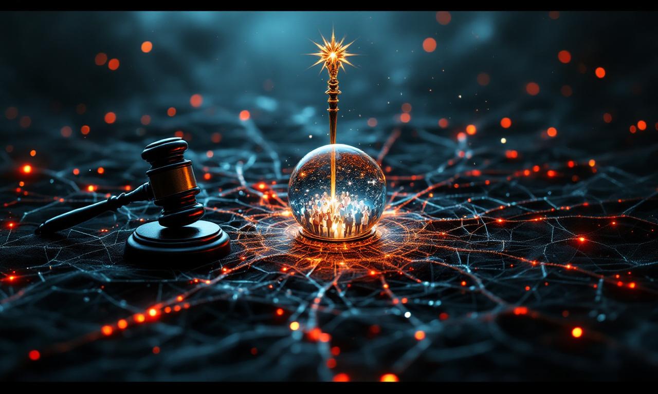 An abstract thumbnail image. A dark, intricate web or neural network connects three central symbols: a gavel (court), a crystal ball with crowd inside (public opinion), and a royal scepter (power). The web glows with an ominous light, symbolizing hidden conspiracies. Moody lighting, deep colors, metaphorical. --ar 16:9
