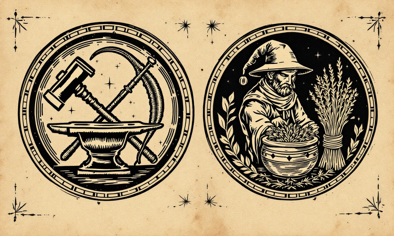 woodcut print style, a set of four detailed icons in circles: 1) Hammer and anvil for blacksmith, 2) Shepherd's crook and horn, 3) Hunter's bow and snare trap, 4) Herbalist's bundle of dried herbs and pestle. High contrast, intricate black lines on textured paper background, vintage, archaic