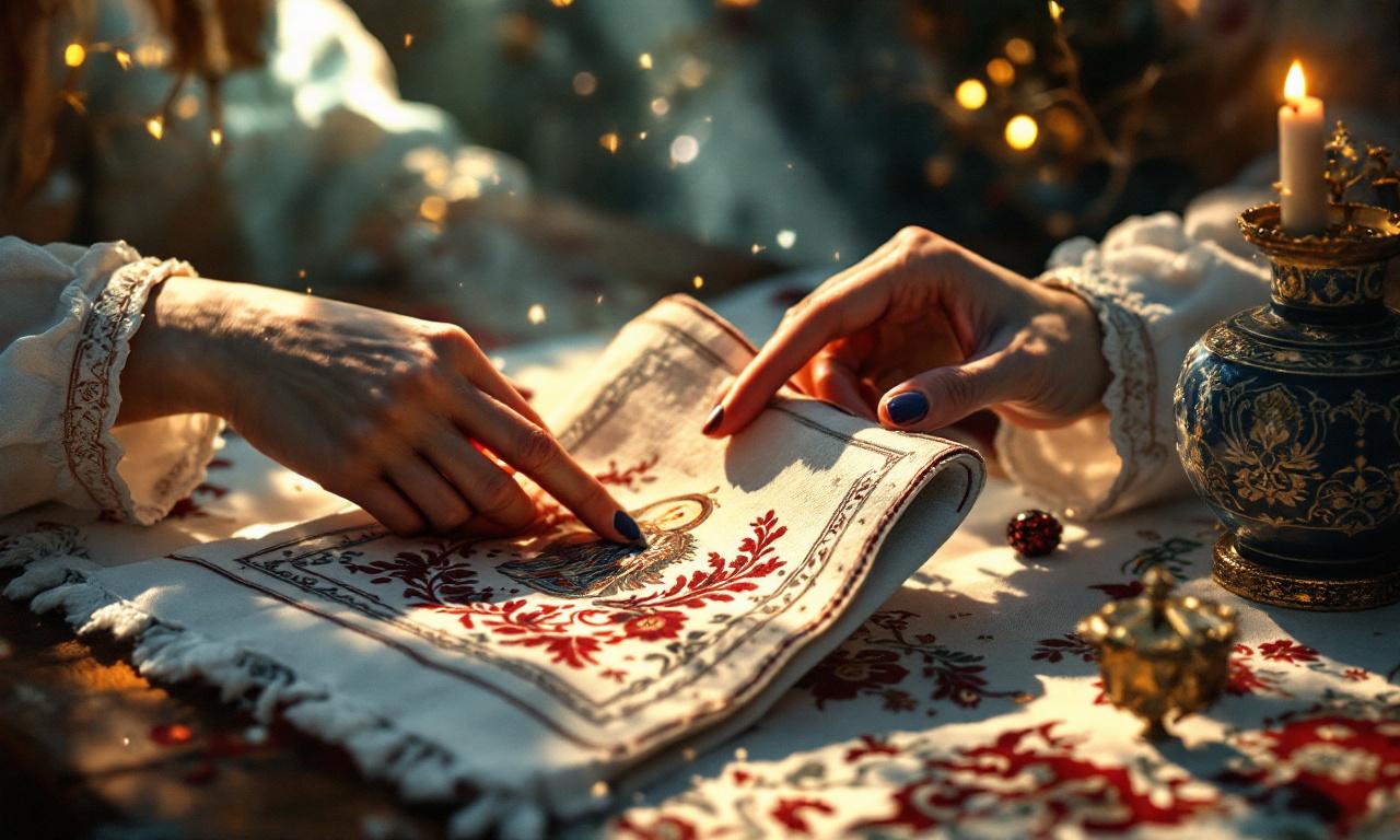 magic ritual of old Russian matchmaking, a matchmaker's hands performing a ritual with a towel and an ornate Orthodox icon, soft mystical glow, symbolic magic, deep shadows and highlights, hyperdetailed, style of Victorian fairy tale illustration mixed with Slavic folklore