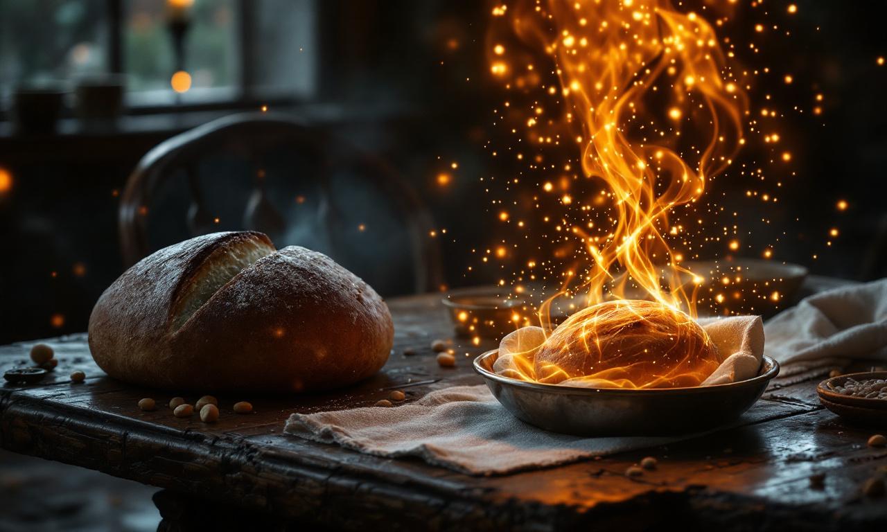 concept art, a matchmaking ritual in ancient Russia, a clean towel and a loaf of bread on a dark wooden table, an old icon glowing with a soft light, magical particles in the air, symbolic of spells and whispers, deep colors, cinematic lighting, highly detailed