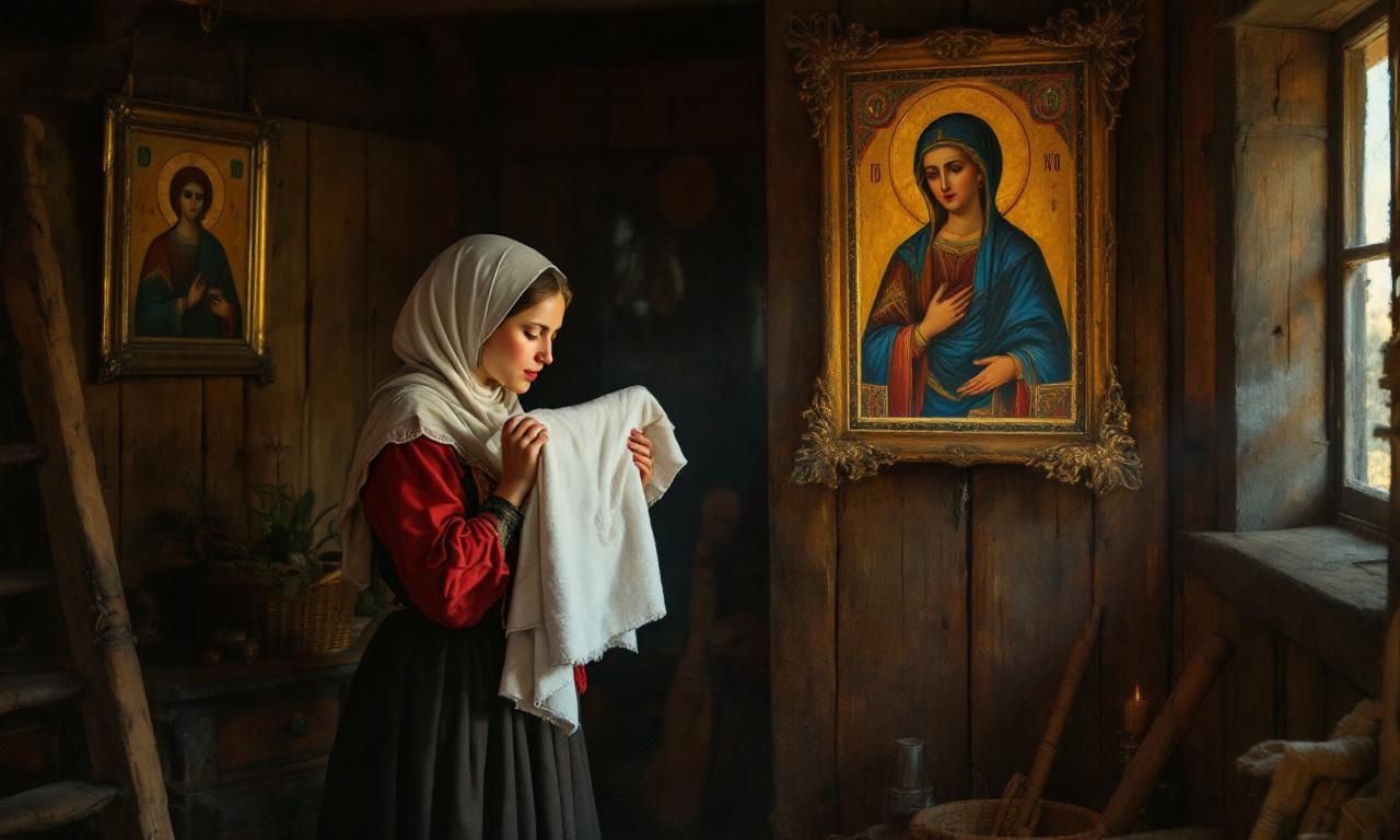 medieval Russian village, a matchmaker (svatya) in traditional ethnic clothing whispers a prayer in front of an old Orthodox icon, holding a clean towel, warm atmospheric lighting, rustic wooden interior, in the style of Ilya Repin, mystical mood, muted colors, detailed painting