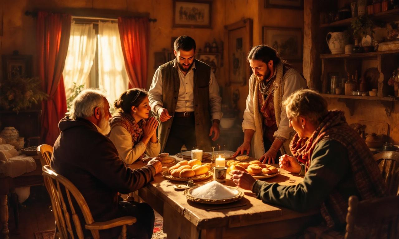 dynamic scene, a matchmaker (svatya) and a groom's family entering a rustic village house to negotiate the bride's hand, parents of the bride meeting them, traditional Russian interior, wooden table with bread and salt, emotional tension, warm lighting, style of Russian realist painting